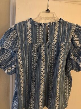 Blue Embroidered Puff-Sleeve Peasant Blouse